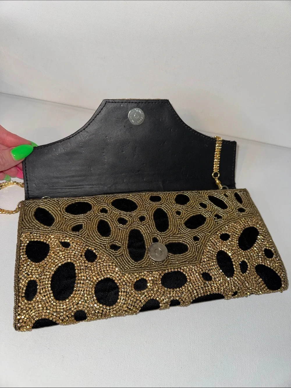 Vintage Glam Beaded Leopard Print Clutch – Gold Rhinestone Evening Bag